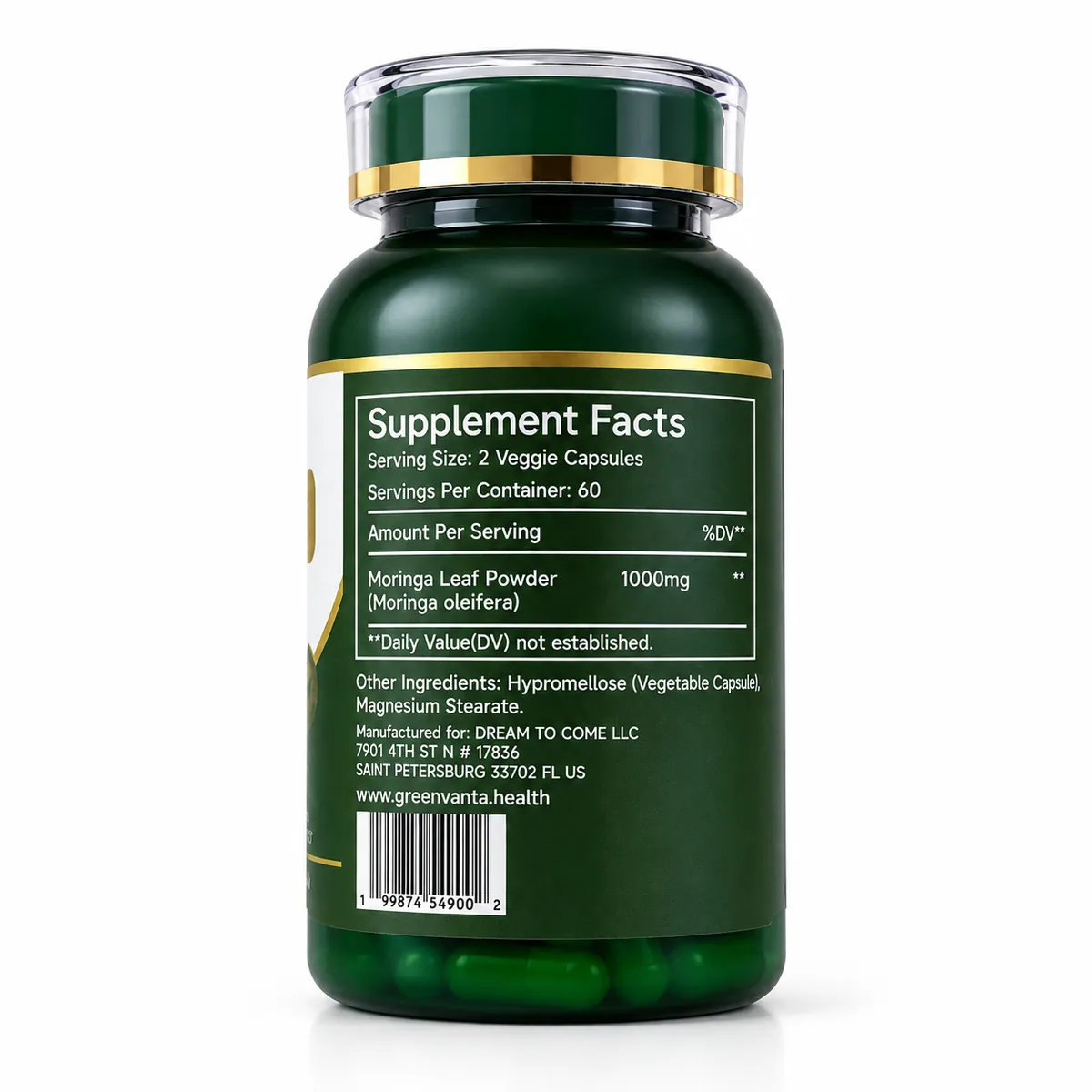 Back of a GREENVANTA Moringa Capsules bottle showing the Supplement Facts label: serving size 2 veggie capsules, 1000 mg moringa leaf powder (Moringa oleifera), other ingredients hypromellose and magnesium stearate